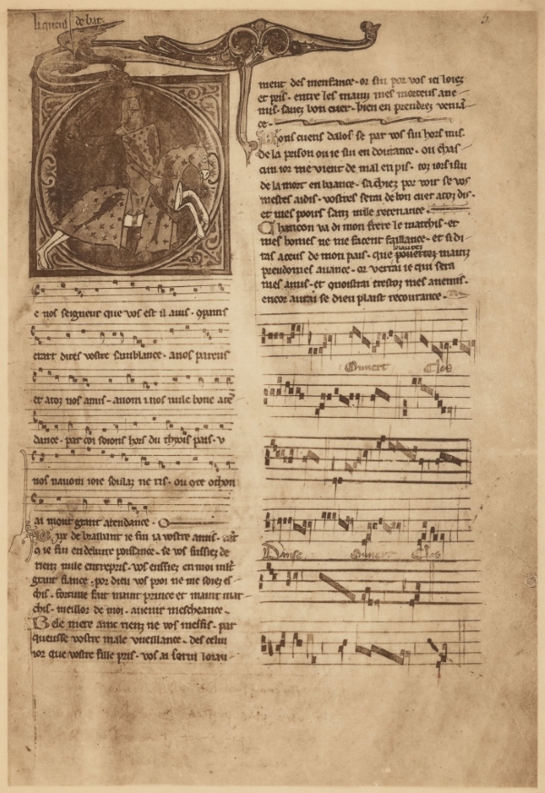 Texte calligraphié avec partition et image d'un chevalier cavallant.
